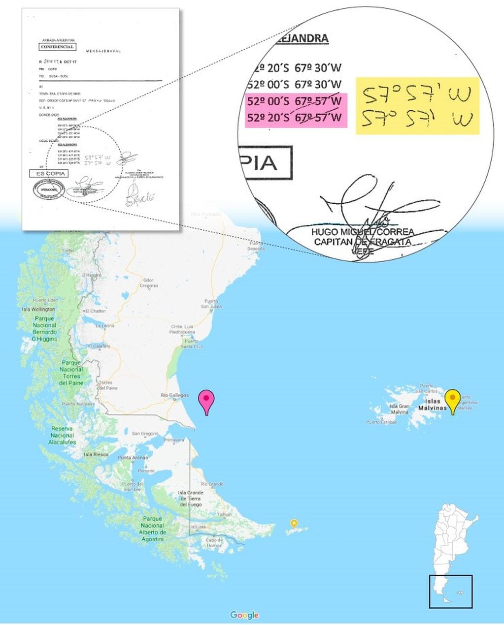 Las coordenadas por donde se movió el ARA San Juan en las cercanías a las Islas Malvinas.