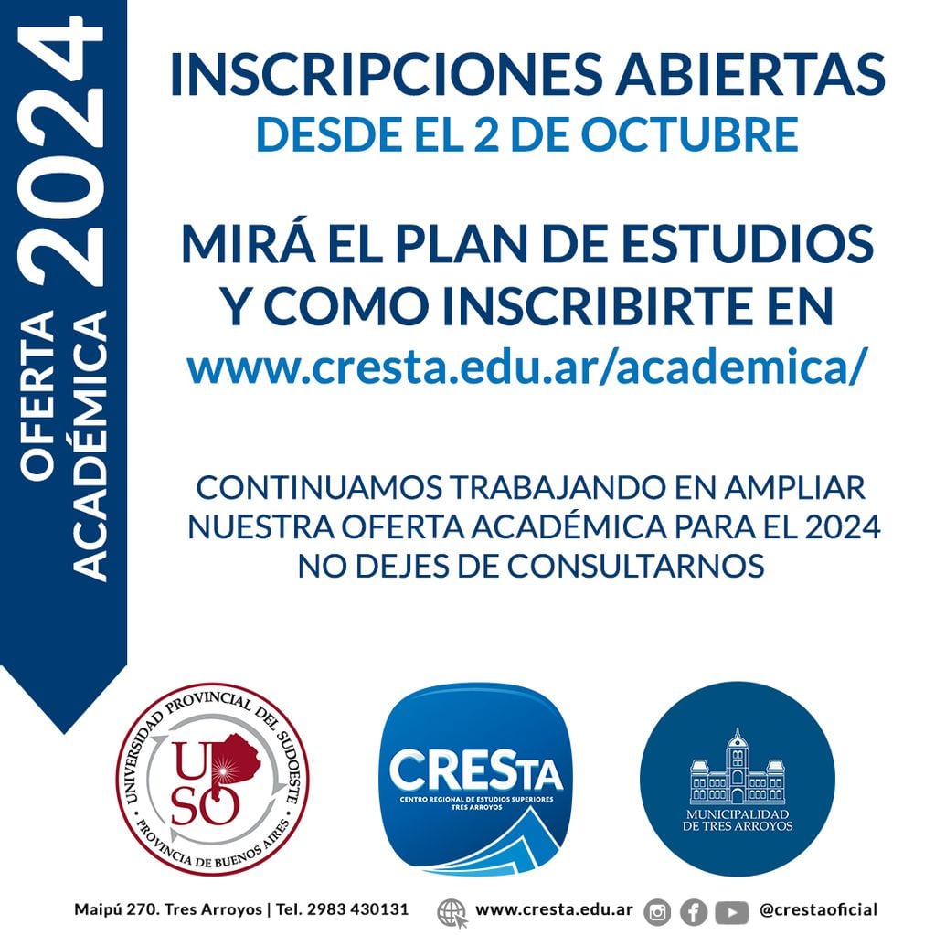 Oferta académica 2024 del Centro Regional de Estudios Superiores de Tres Arroyos