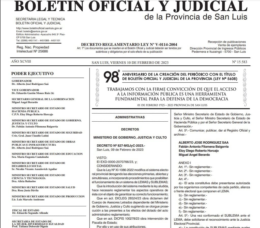 Boletín oficial Ley de Lemas