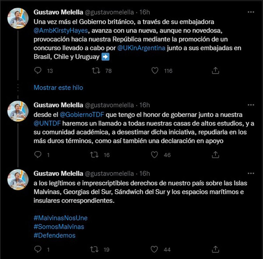 Tuits del gobernador Gustavo Melella.