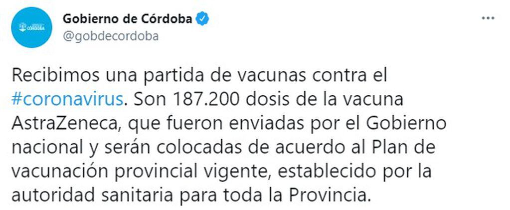 El Gobierno de Córdoba informó a través de Twitter el arribo de una nueva partida de vacunas.