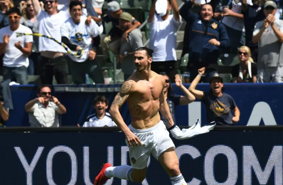 Zlatan Ibrahimovic from LA Galaxy celebrates after scoring against LAFC during their Major League Soccer (MLS) game at the StarHub Center in Los Angeles, California, on March 31, 2018.  \nLA Galaxy went on to win 4-3 with two goals from Ibrahimovic.\n\n\n / AFP PHOTO / Mark RALSTON
