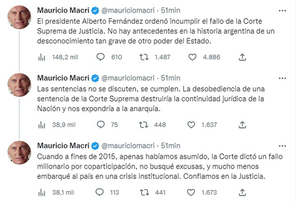 El tuit de Mauricio Macri sobre el desacato del Presidente.