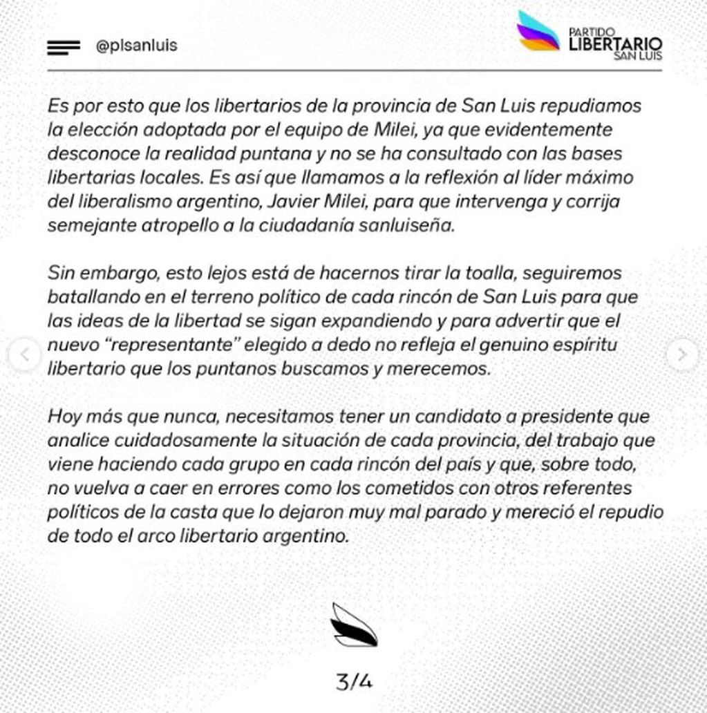 Comunicado del Partido Libertarios San Luis