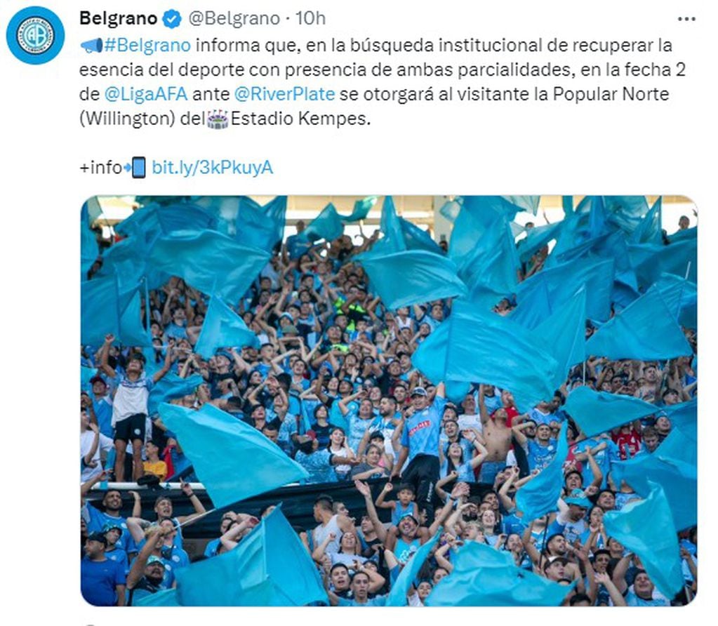Belgrano oficializó que las populares para los hinchas de River costarán 13.500 pesos, más Service Charge.