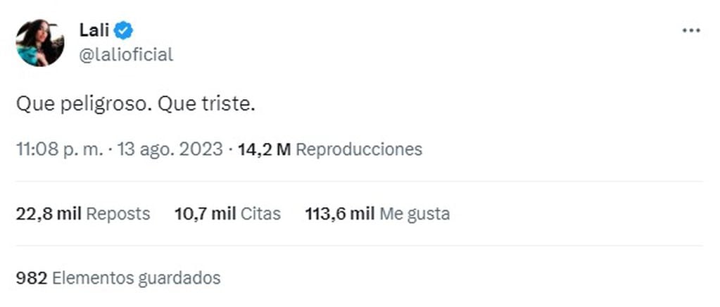 El tweet de Lali tras el resultado de las PASO 2023 (Captura de pantalla)