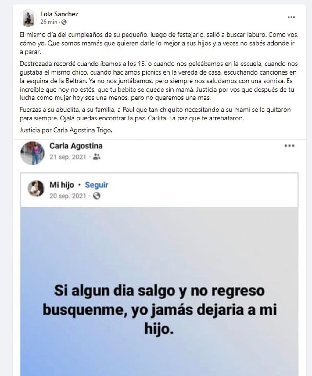Dolor en las redes tras el asesinato de Agostina Trigo (22) en San Martín, Mendoza (Facebook)