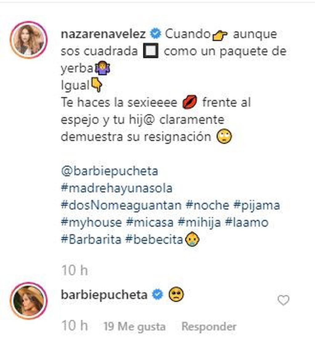 Barbie Vélez comentó un video de su mamá y dejó en evidencia que no le gusta lo que hace (Foto: Instagram/@nazarenavelez)