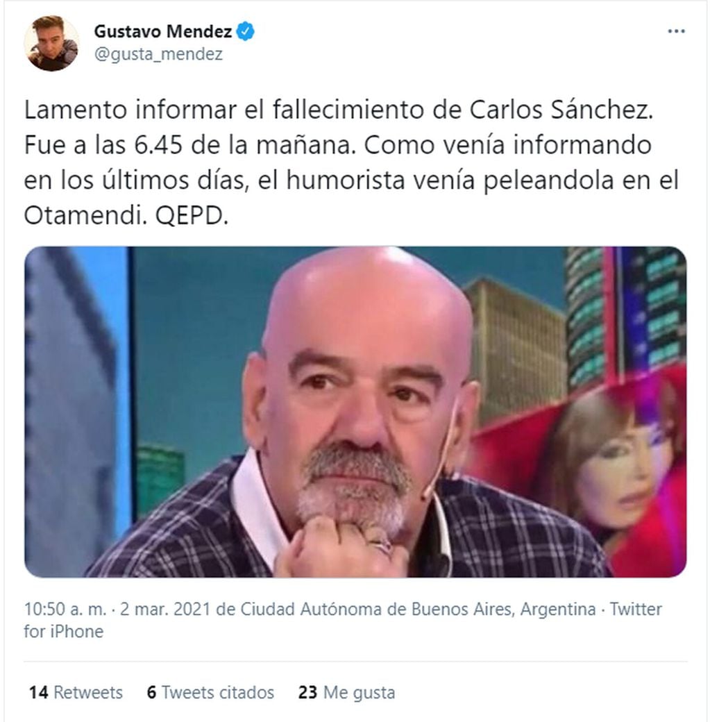 El mensaje que publicó Méndez anunciando el fallecimiento del humorista.