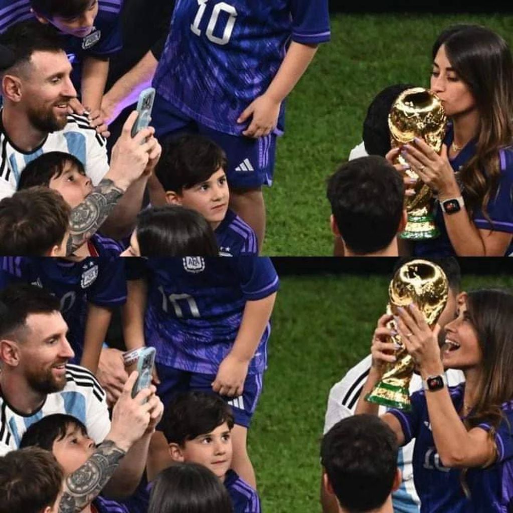 Antonela Roccuzzo y el beso a la Copa del Mundo.