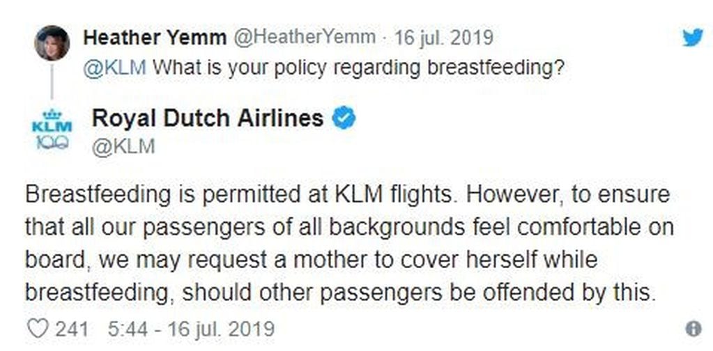 KLM le pidió a las madres que se tapen al amamantar y tuvo que dar marcha atrás después de que los usuarios los destrozaran en las redes sociales (Fuente: Twitter)