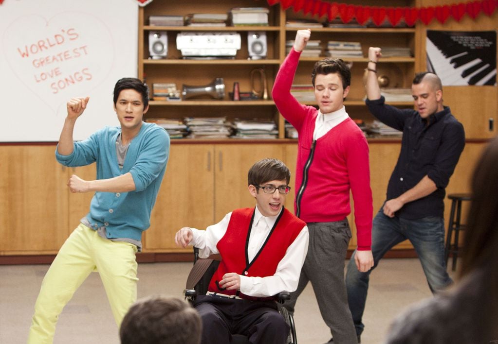 GLEE: MIke (Harry Shum Jr., L), Artie (Kevin McHale, C), Kurt (Chris Colfer, third from L) and Puck (Mark Salling, R) perform in the &quot;Heart&quot; episode of GLEE airing Tuesday, Feb. 14 (8:00-9:00 PM ET/PT) on FOX. &#xa9;2012 Fox Broadcasting Co. CR: Adam Rose/FOX