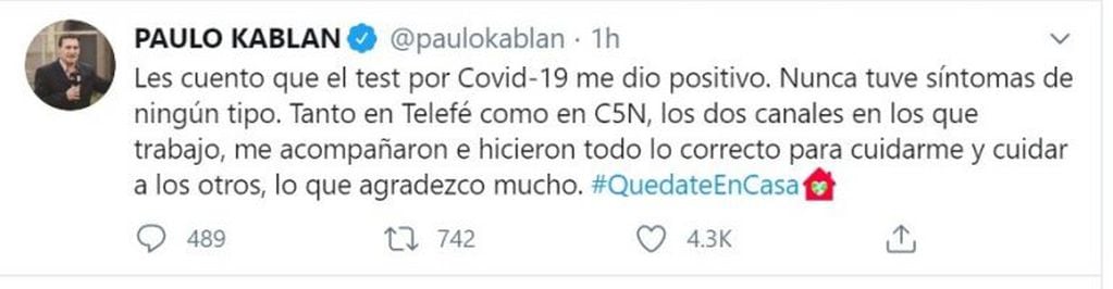 Paulo Kablan confirmó que dio positivo de coronavirus (Captura Twitter)