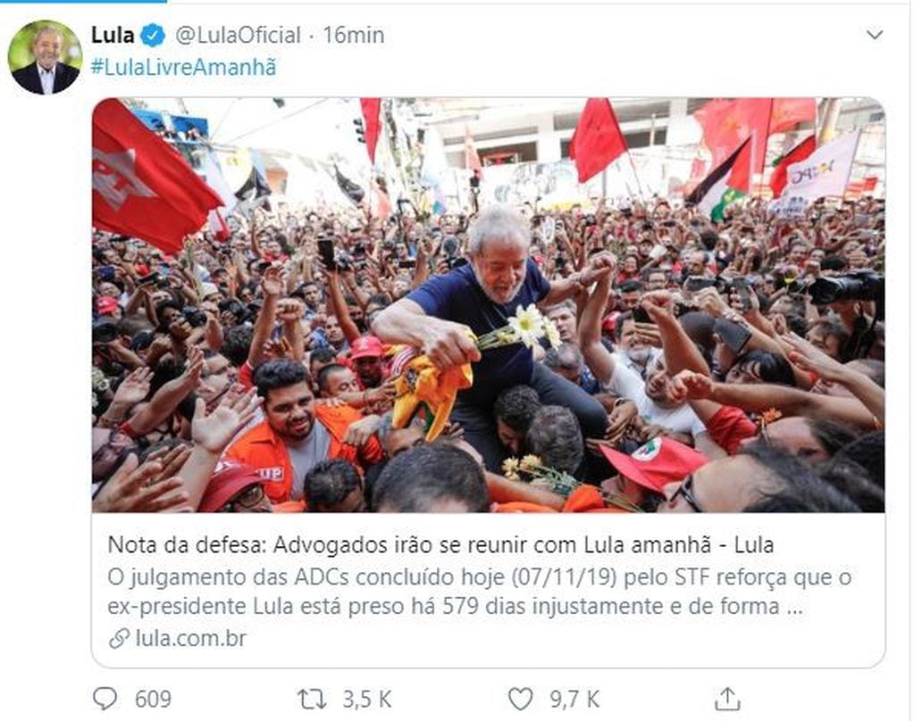 El tuit del expresidente de Brasil tras conocerse el fallo. (Twitter)