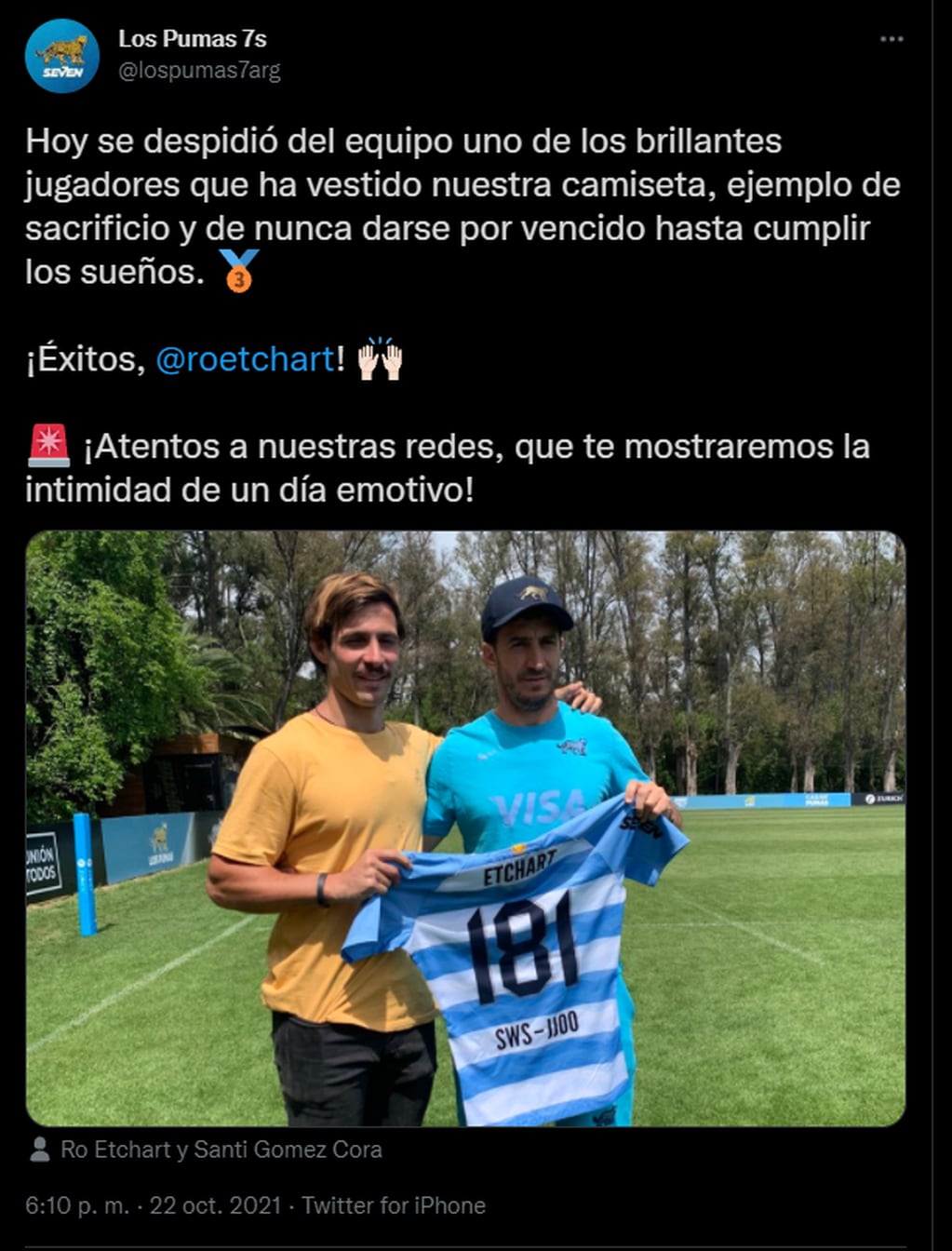 La cuenta oficial de Los Pumas 7s despidió a Rodrigo Etchart (Twitter/@lospumas7arg)