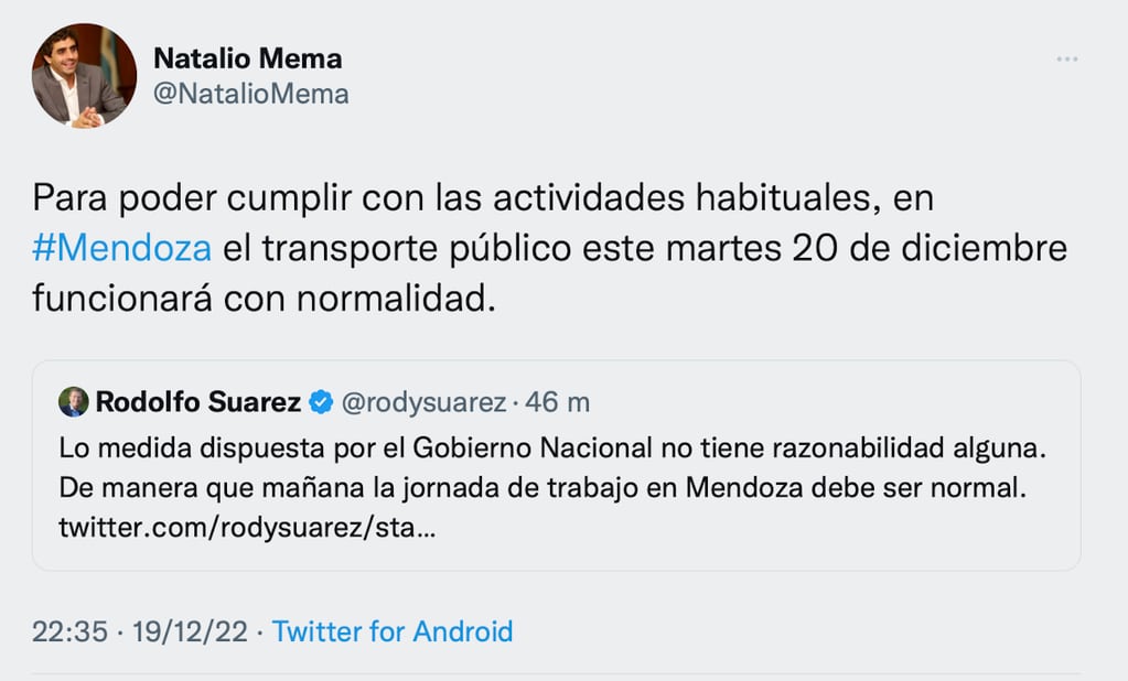 El secretario de Servicios Públicos confirmó que el transporte funcionará con normalidad este martes en Mendoza.