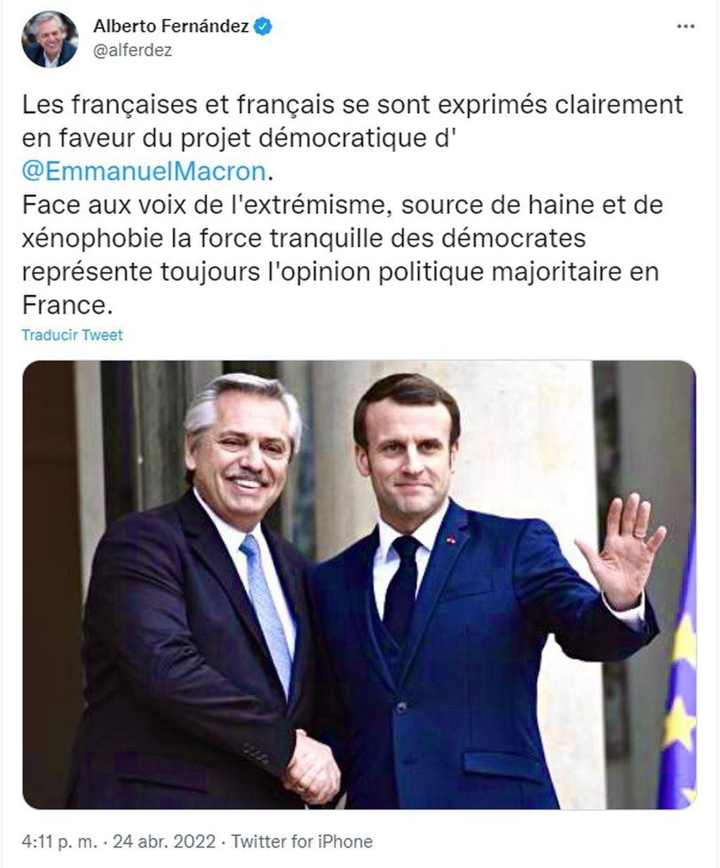 Alberto Fernández felicitó a Emmanuel Macron por su triunfo en Francia