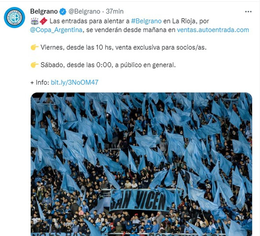 Comienza la venta de entradas para el debut de Belgrano por Copa Argentina.