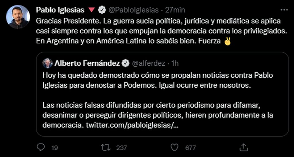 El gobierno apoyó a Pablo Iglesias, dirigente izquierdista español
