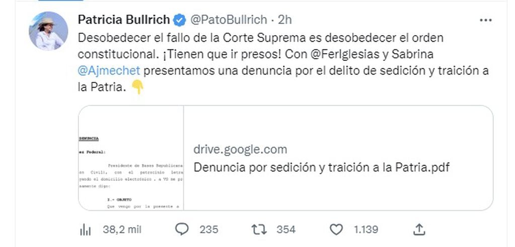 Patricia Bullrich denunciará a Alberto Fernández y a 19 gobernadores por sedición y traición a la Patria