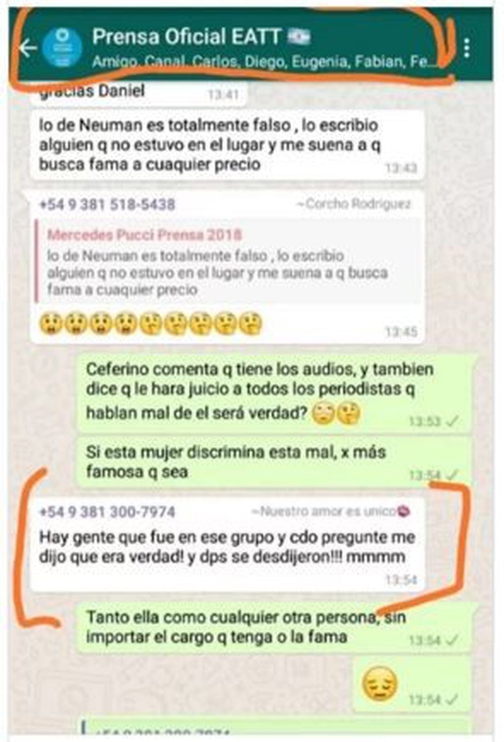 Radio Continental Tucumán ratificó la acusación en Facebook con una captura del grupo de WhatsApp de los periodistas del lugar.