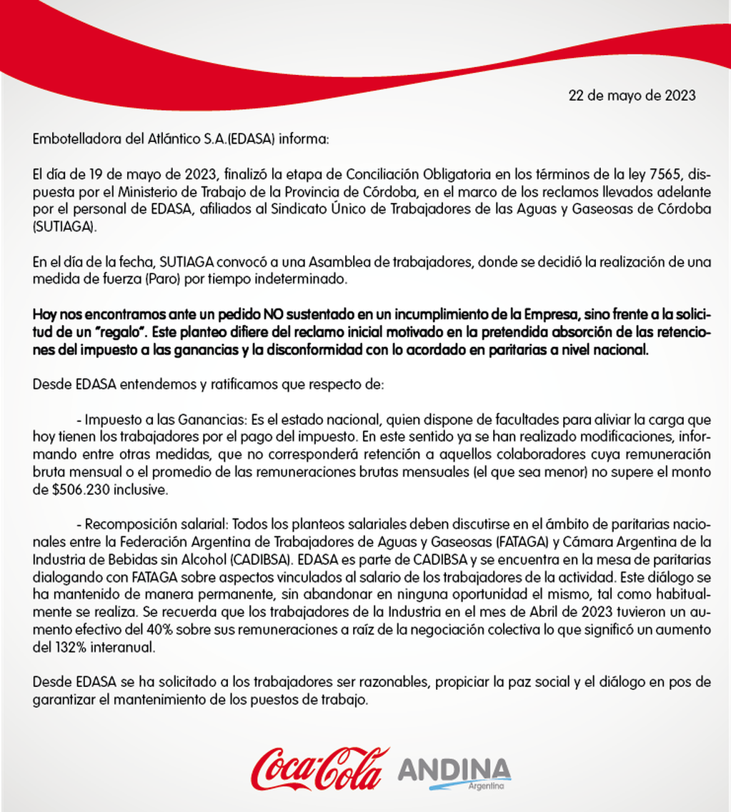 Comunicado de la Coca Cola.
