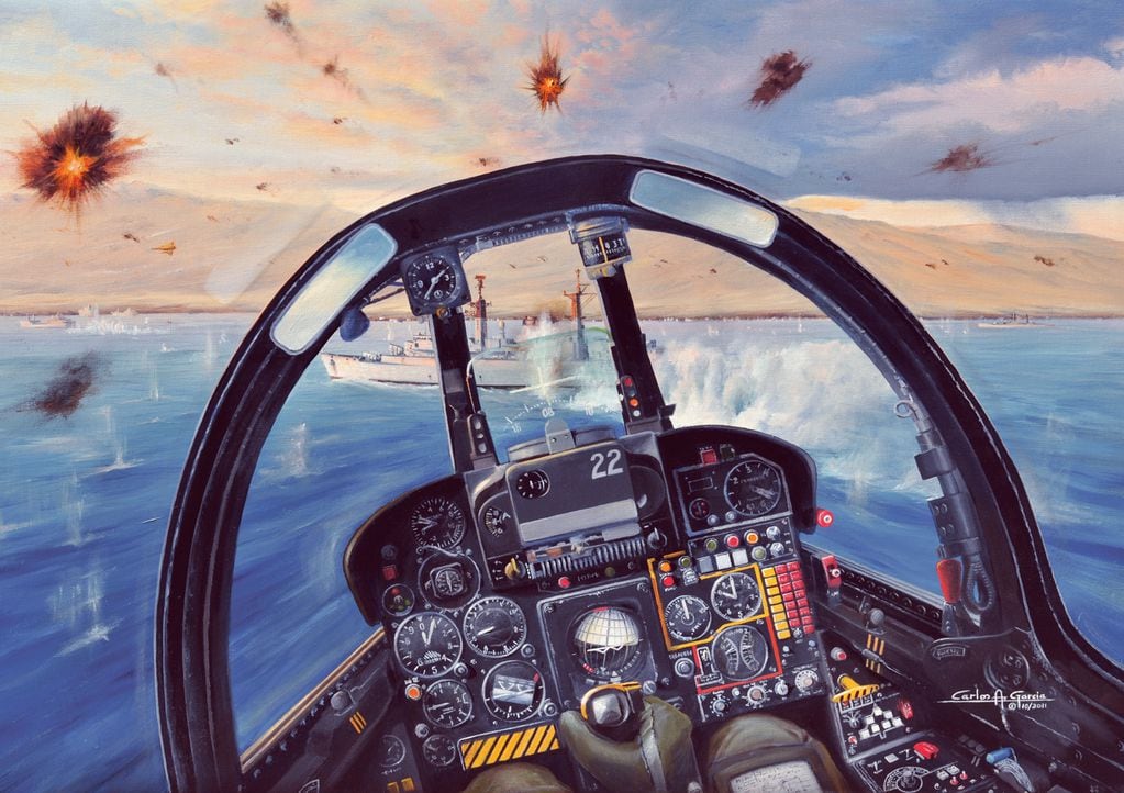 Pintura interpretativa de la visión del piloto en un ataque a un buque británico.