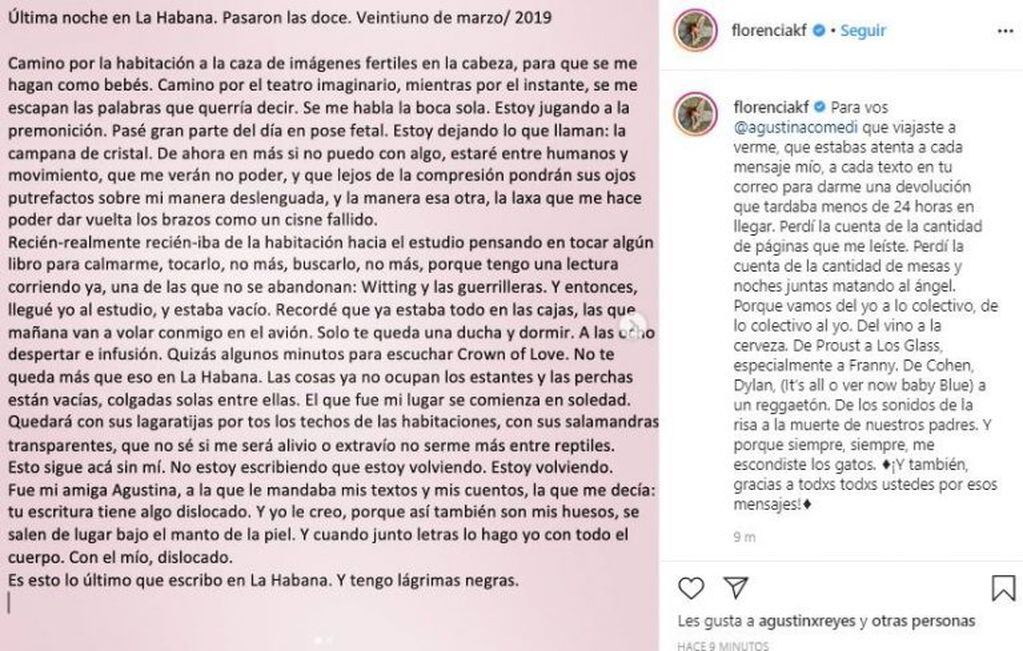 El mensaje de Florencia Kirchner en redes sociales.