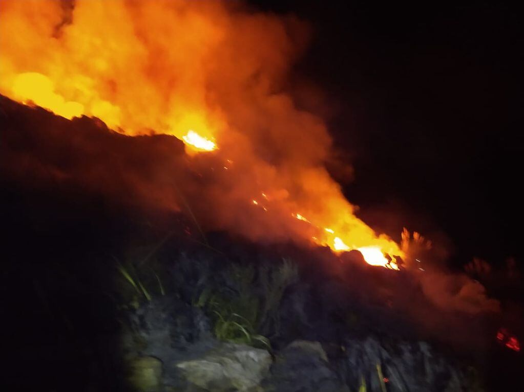 Incendio en el camino serrano que une Nogolí con Río Grande en San Luis.