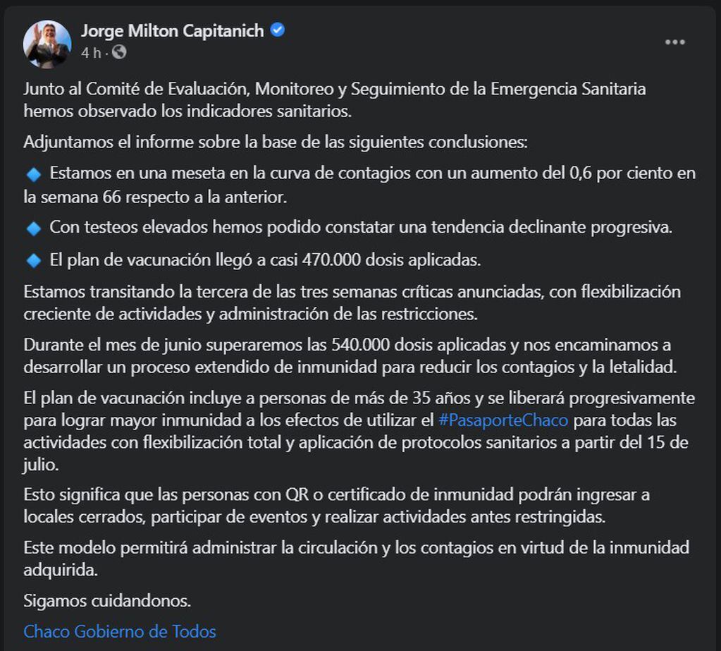 El post de Facebook del gobernador de Chaco, Jorge Capitanich, donde anunció la flexibilización de medidas a partir de julio.
