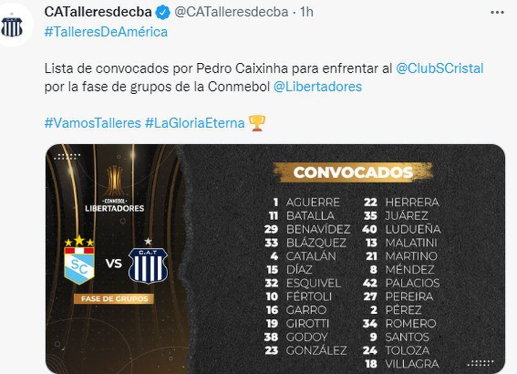 El plantel que llevó Pedro Caixinha para el partido de Talleres con Sporting Cristal, que puede ser decisivo.