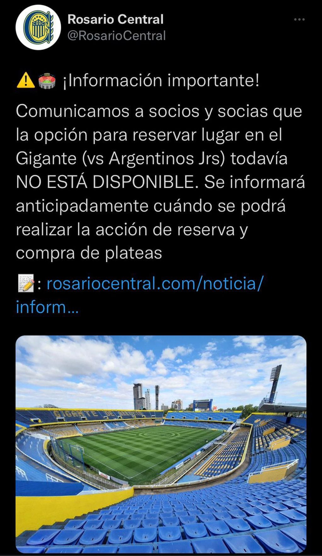 El comunicado que publicó Rosario Central en Twitter para avisar que aún no está disponible la sede virtual para reservar las entradas. (@RosarioCentral)