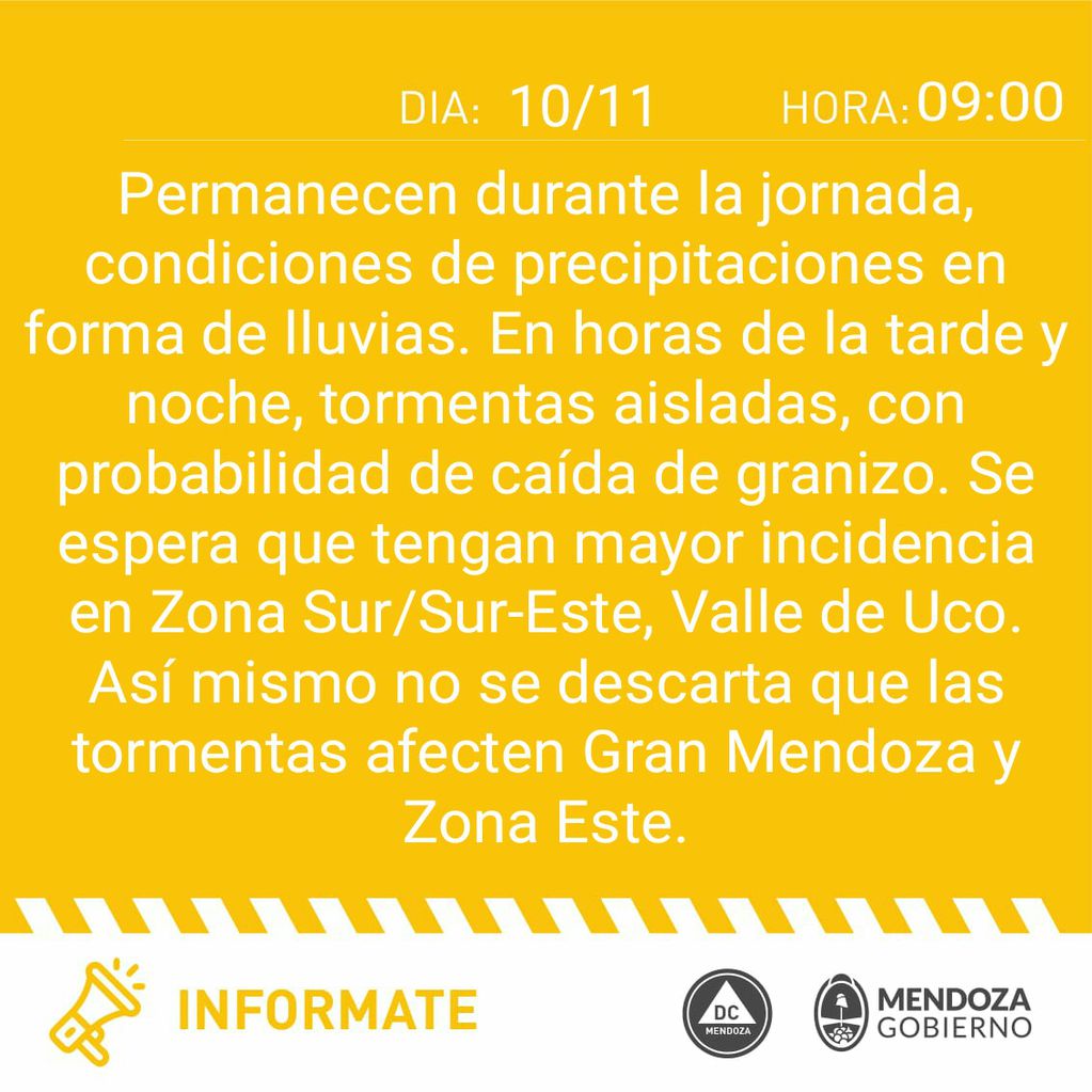 Defensa Civil emitió alerta por tormentas y granizo para el miércoles 19 de noviembre de 2021 en Mendoza.