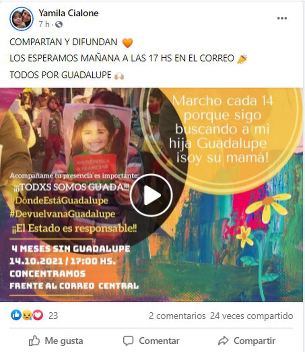Posteo de la mamá de Guadalupe recordando la convocatoria a la marcha de este jueves