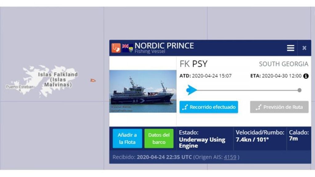 Posición del "Nordic Prince" a través de buscador de buques en la web.