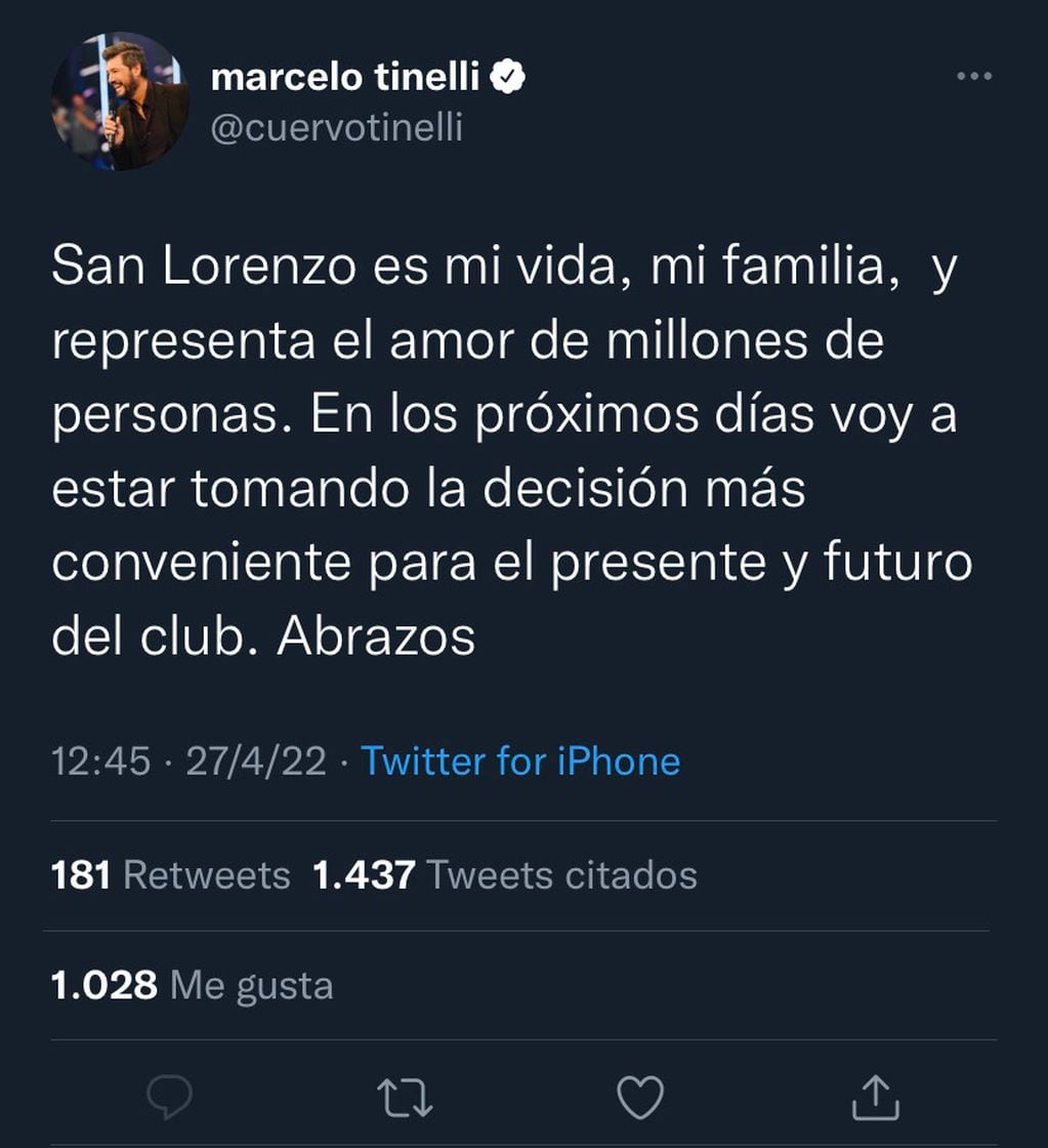 El tweet de Marcelo Tinelli sobre su decisión.