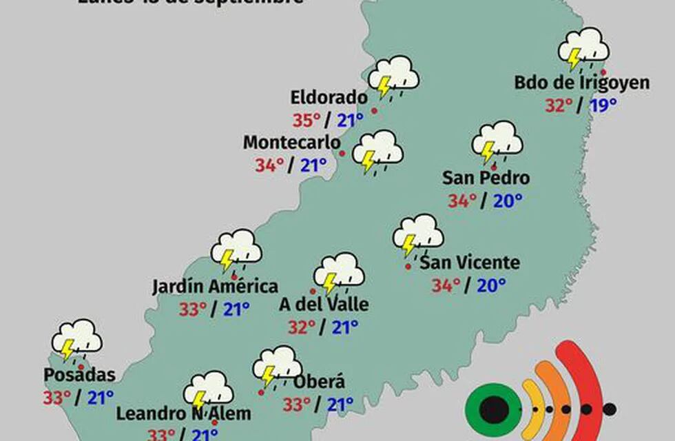 Lunes inestable con lluvias, tormentas y temperatura máxima prevista de 36°C en Misiones
