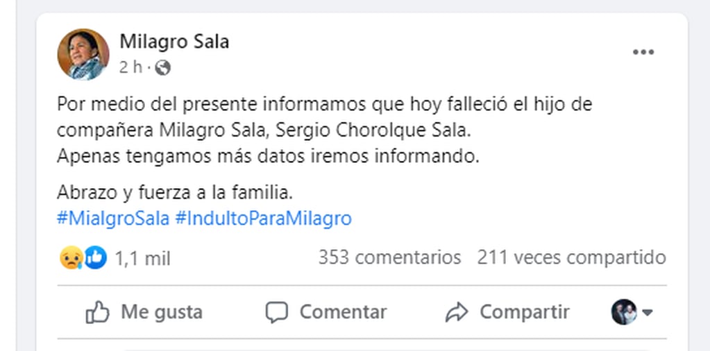 Murió Sergio Chorolque, hijo de la dirigente social Milagro Sala. Así comunicaban la noticia sus alegados en las redes sociales.