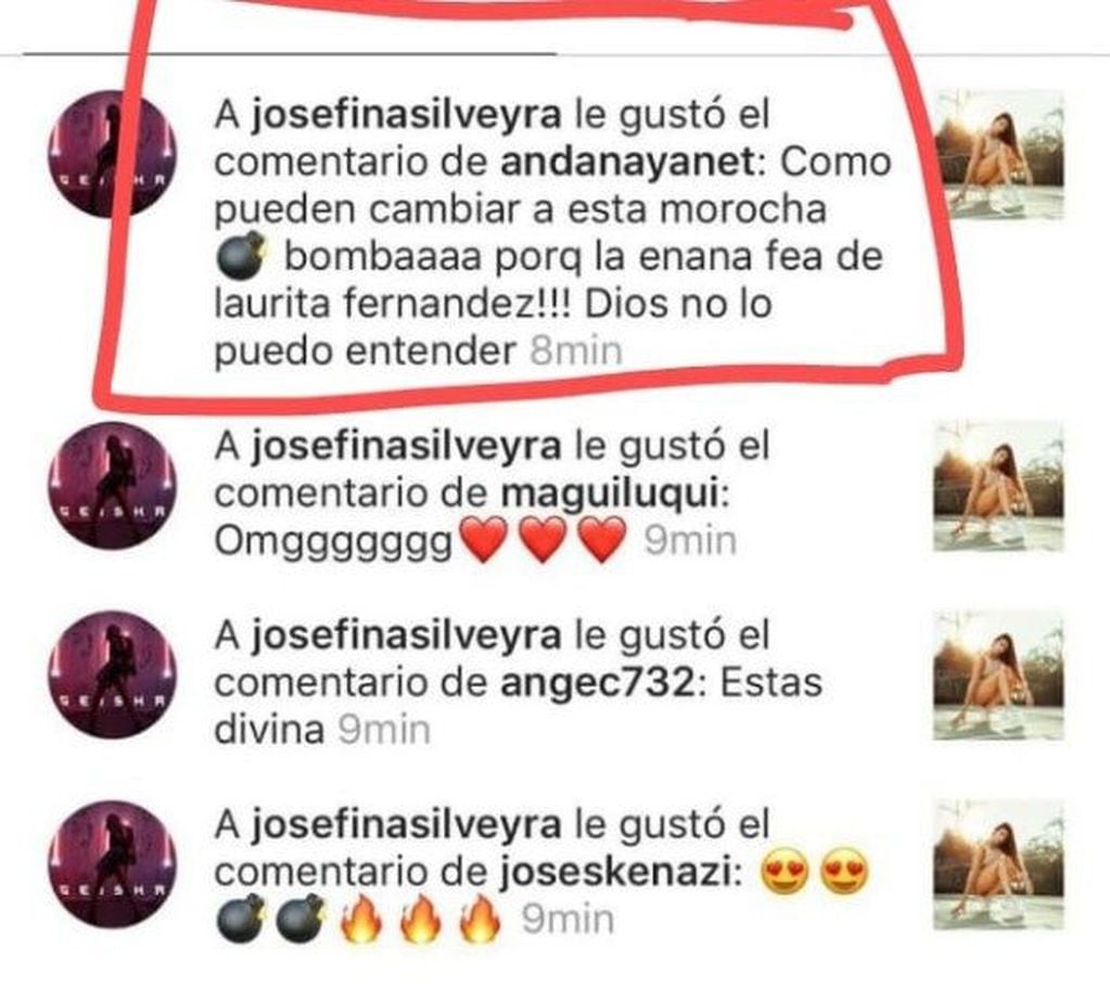 El polémico "me gusta" que puso Josefina Silveyra a un comentario que insultaba a Laurita Fernández.