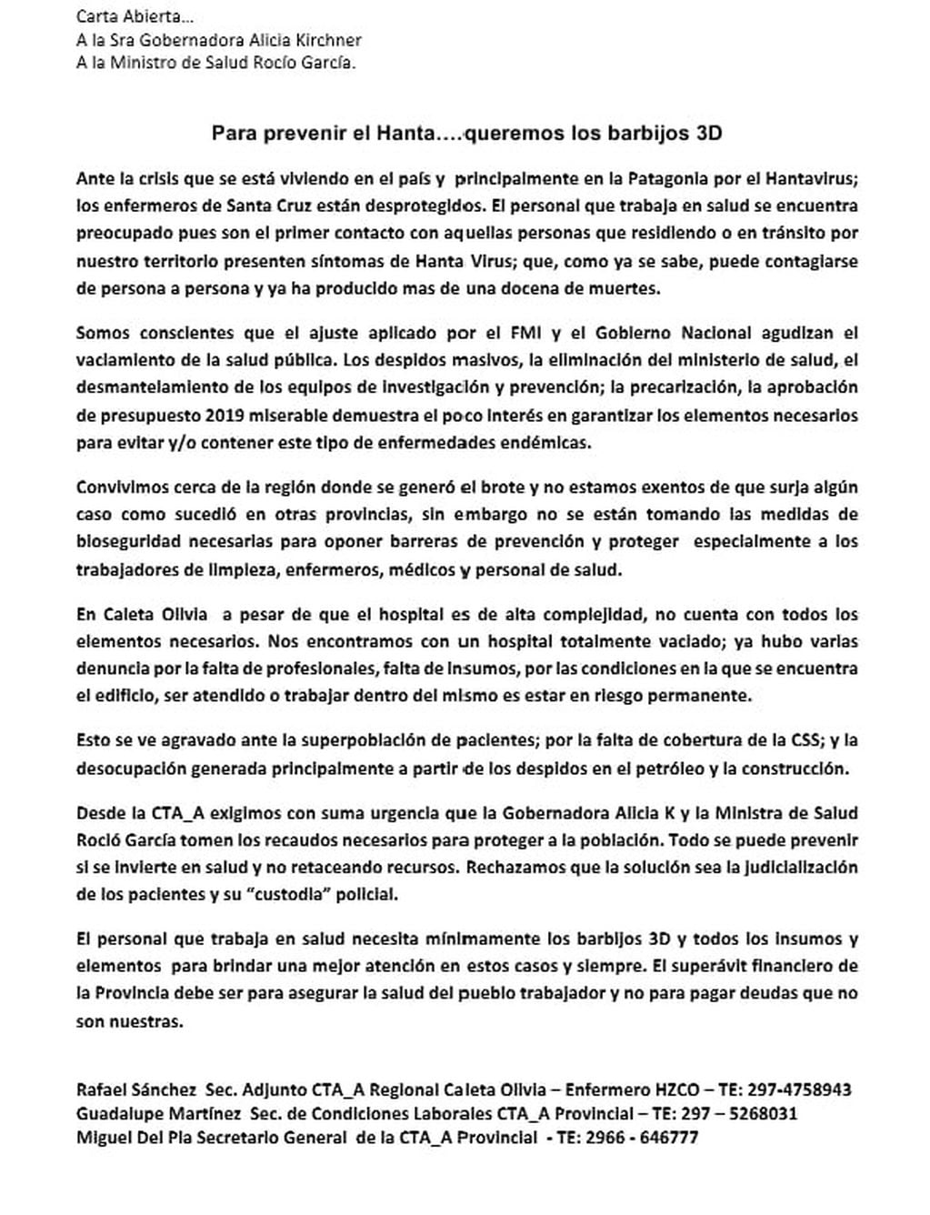 CTA-A dirigió Carta Abierta a Alicia Kirchner y Rocío García