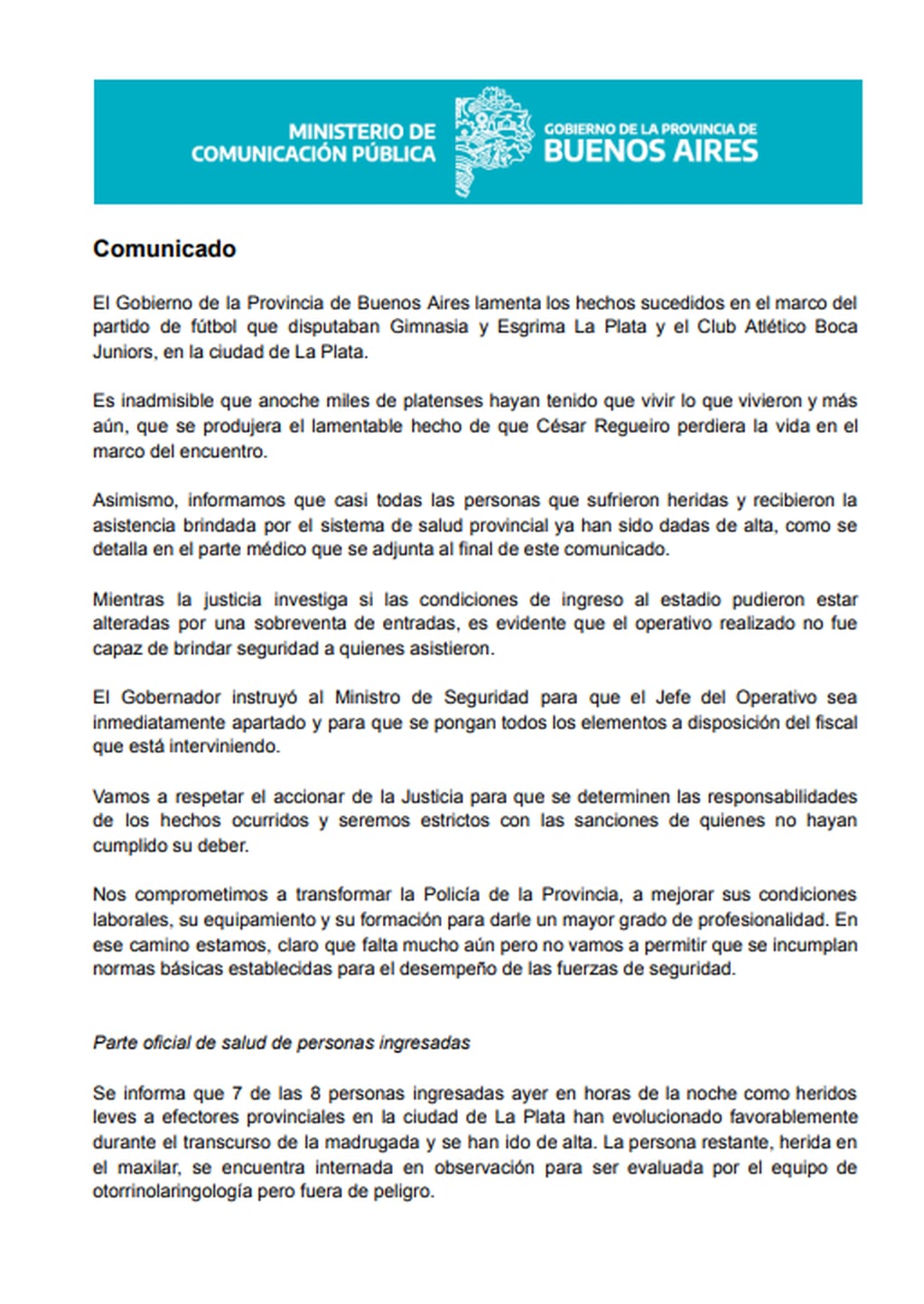 El comunicado del Gobierno Bonaerense tras los incidentes en el partido Ginmasia-Boca.