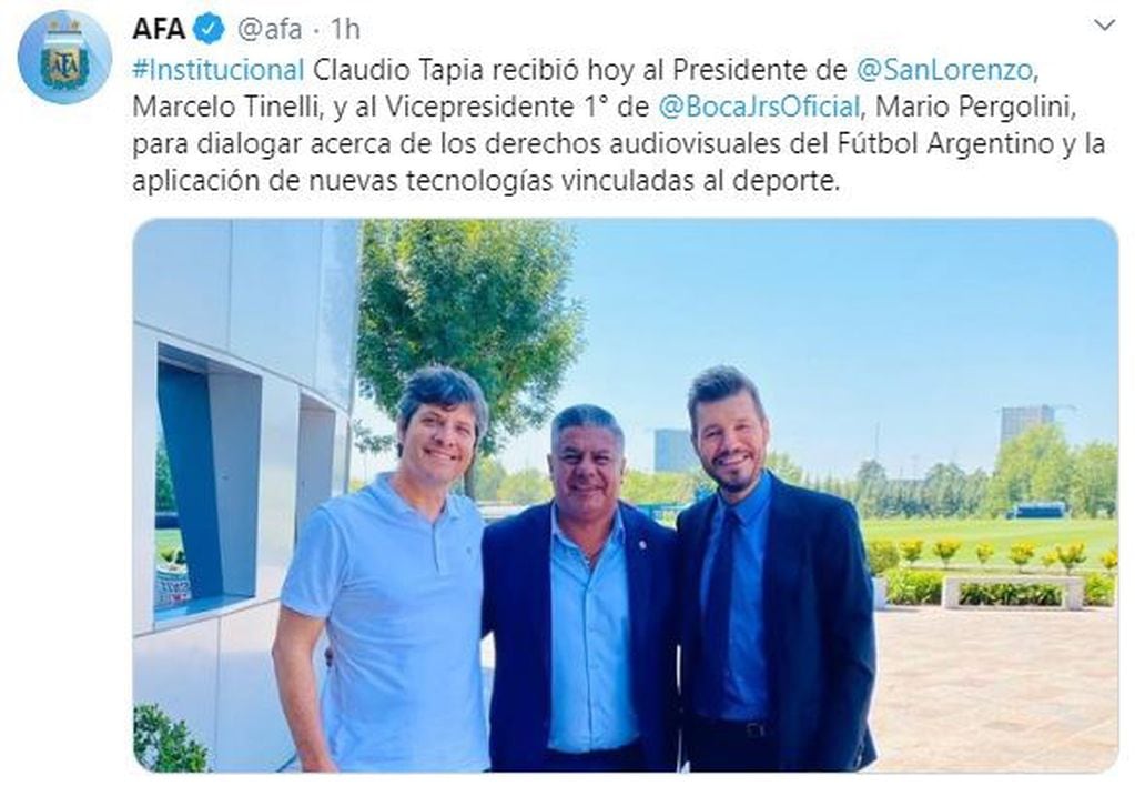 Chiqui Tapia se reunió con Marcelo Tinelli y Mario Pergolini por los derechos televisivos. (Twitter)