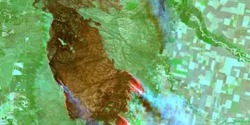 Vista del área afectada por los incendios en la zona de Alpa Corral, en el límite de Córdoba con la provincia de San Luis. (Producto CONAE 2020)
