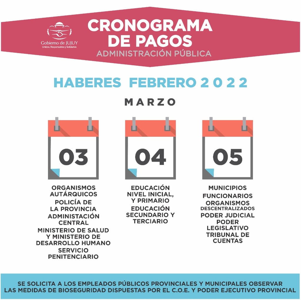 Placa informativa difundida por Tesorería de la Provincia sobre el cronograma de pago de los haberes de febrero 2022 para la administración pública de Jujuy.