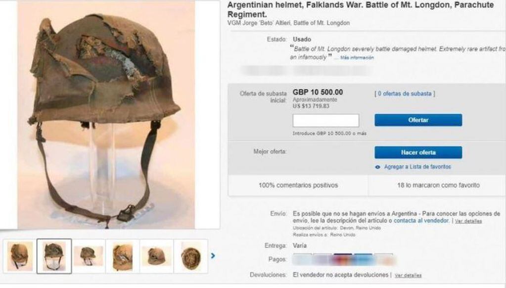 El aviso de eBay por el cual Jorge Altieri se enteró que subastaban su casco en Londres, Inglaterra.