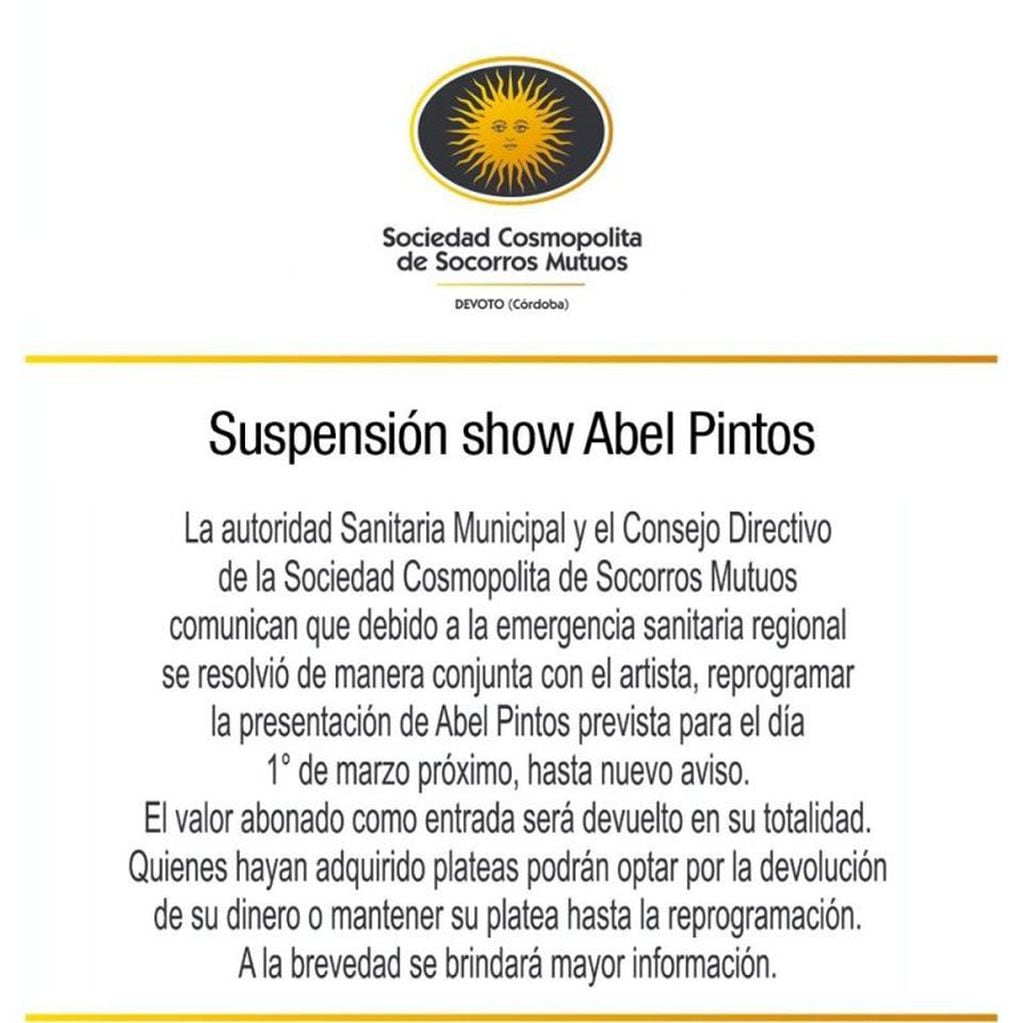 Comunicado de suspensión del concierto de Abel Pintos