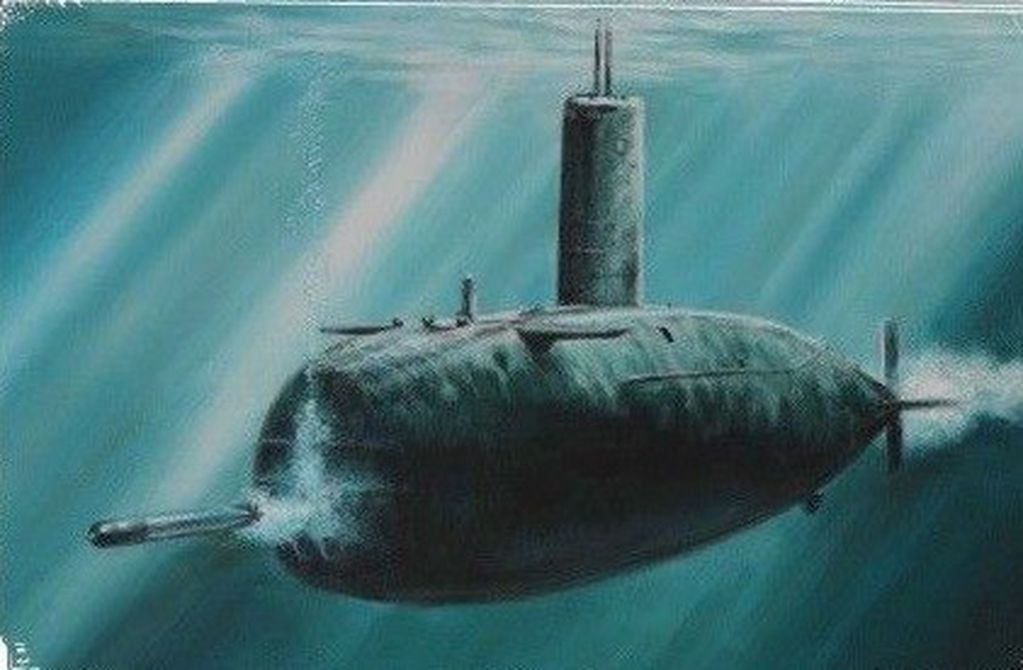 Ilustración que representa al submarino nuclear HMS Conqueror, en el momento en que lanza uno de tres torpedos contra el Crucero ARA General Belgrano, al que hundiría el 2 de mayo de 1982 durante la guerra por las Malvinas. Dos de los torpedos impactaron en la nave argentina.
