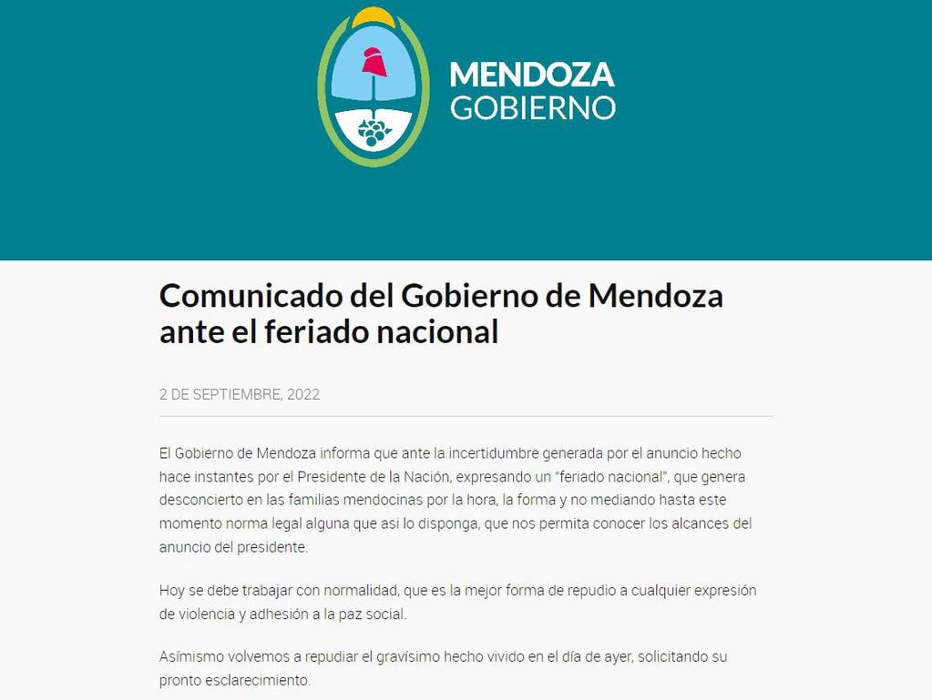 Comunicado Oficial de Gobierno de Mendoza