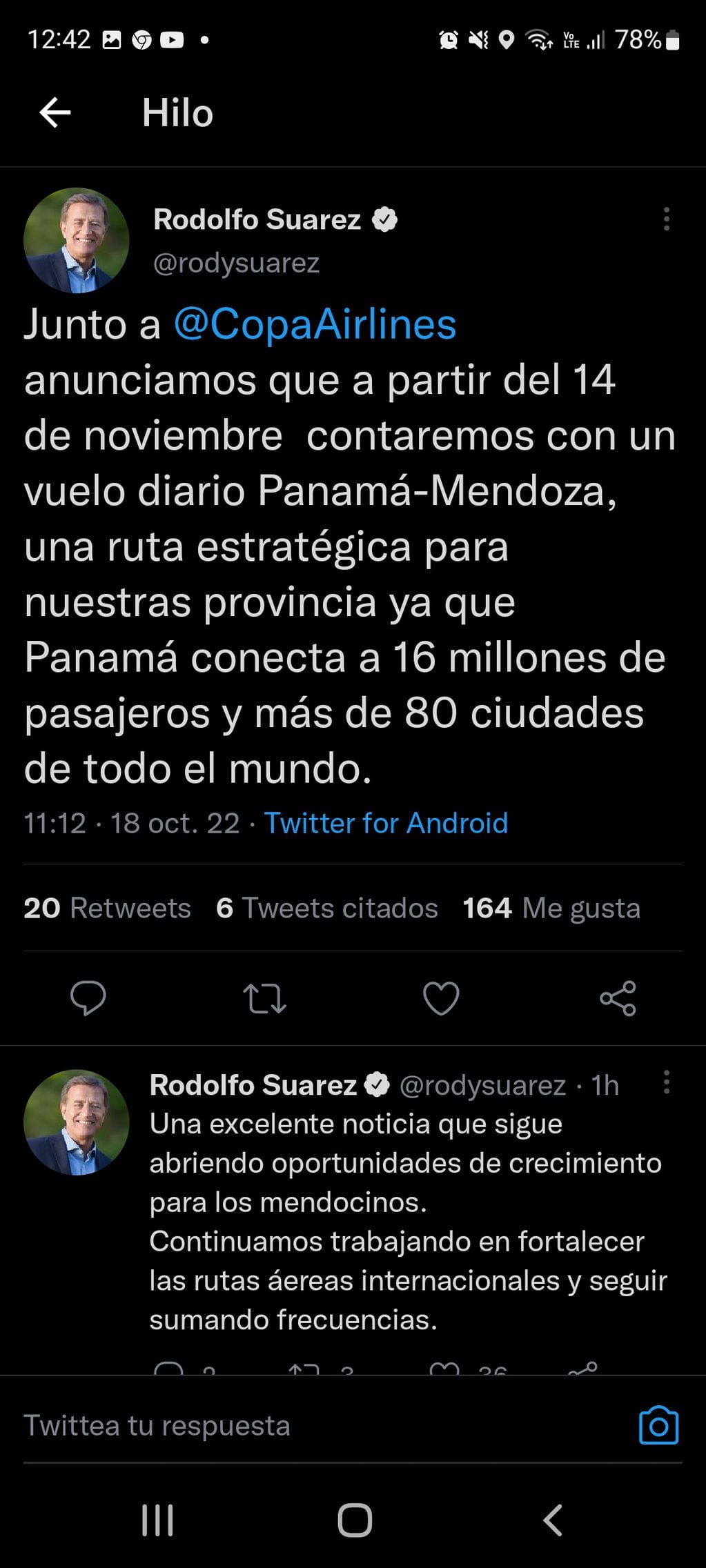 Rodolfo Suárez anunció una nueva ruta aérea: Panamá-Mendoza.