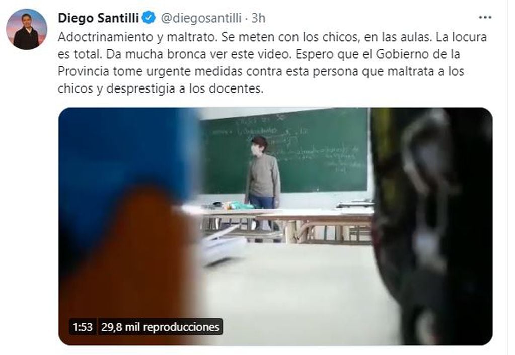 La reacción de Diego Santilli, precandidato a diputado nacional por la provincia de Buenos Aires por Juntos por el Cambio, sobre el video de una docente K criticando al macrismo en plena clase.